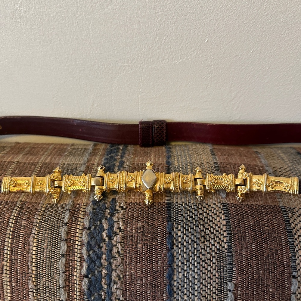 Vintage Judith Leiber Gold Tone and Snake Skin Belt with Ornate Statement Buckle
